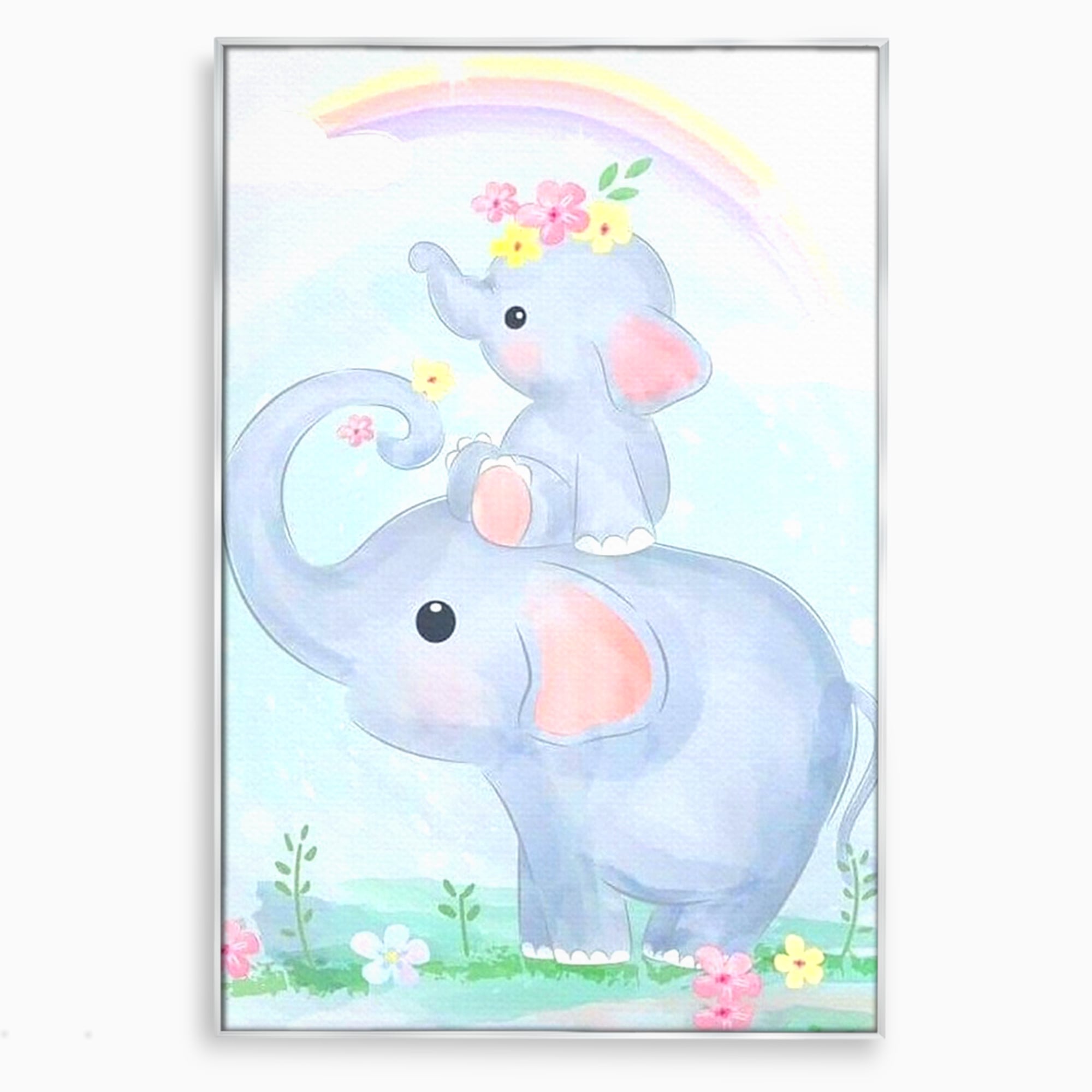 Tablou canvas cu tablou canvas cu elefanti pastelati, in rama de aluminiu argintiu